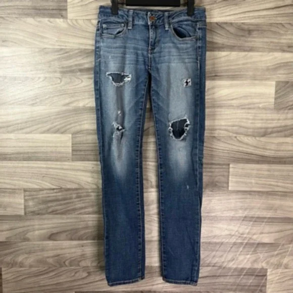American Eagle Outfitters Skinny Jeans Womens 4 Blue Distressed Stone Wash Denim - Picture 4 of 12